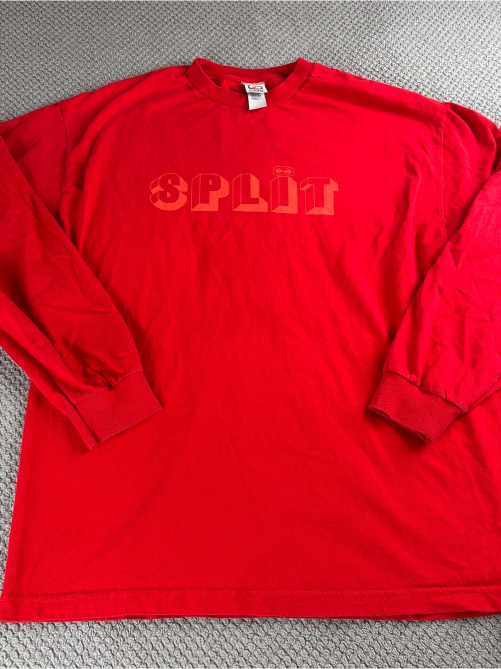 split Red Long-Sleeve Shirt with 'SPLIT' Chest Graphic